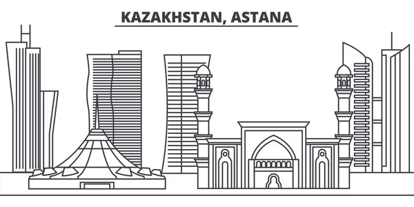 Казахстан, Астана - линия горизонта векторной иллюстрации. Казахстан, Астана линейный городской пейзаж с известными достопримечательностями, достопримечательностями города, векторным ландшафтом . — стоковый вектор