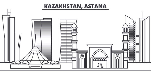 Казахстан, Астана - линия горизонта векторной иллюстрации. Казахстан, Астана линейный городской пейзаж с известными достопримечательностями, достопримечательностями города, векторным ландшафтом
. 