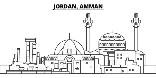 Jordanien, Amman linje silhuett vektorillustration. Jordanien, Amman linjär stadsbilden med berömda landmärken, sevärdheter, vektor landskap. — Stock vektor