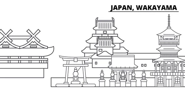 Japón, línea de Wakayama skyline vector ilustración. Japón, paisaje urbano lineal de Wakayama con monumentos famosos, lugares de interés de la ciudad, paisaje vectorial . — Vector de stock
