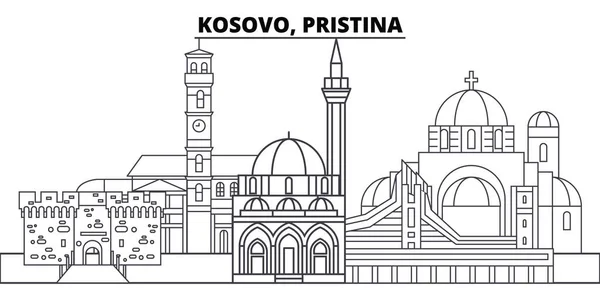 Косово, Пріштина лінія skyline Векторні ілюстрації. Косово, Пріштина лінійних міський пейзаж з визначні пам'ятки міста, векторні краєвид. — стоковий вектор