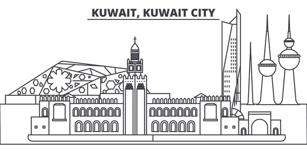 Kuwait, línea de la ciudad de Kuwait skyline vector ilustración. Kuwait, Ciudad de Kuwait paisaje urbano lineal con monumentos famosos, lugares de interés de la ciudad, paisaje vectorial . — Vector de stock