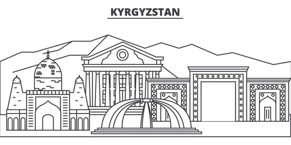 Δημοκρατία της Κιργιζίας γραμμή ορίζοντα διανυσματικά εικονογράφηση. Δημοκρατία της Κιργιζίας γραμμική Σίτισκεϊπ με διάσημα αξιοθέατα, αξιοθέατα της πόλης, τοπίο διάνυσμα. — Διανυσματικό Αρχείο