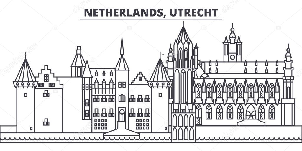 Netherlands, Utrecht line skyline vector illustration. Netherlands, Utrecht linear cityscape with famous landmarks, city sights, vector landscape. 