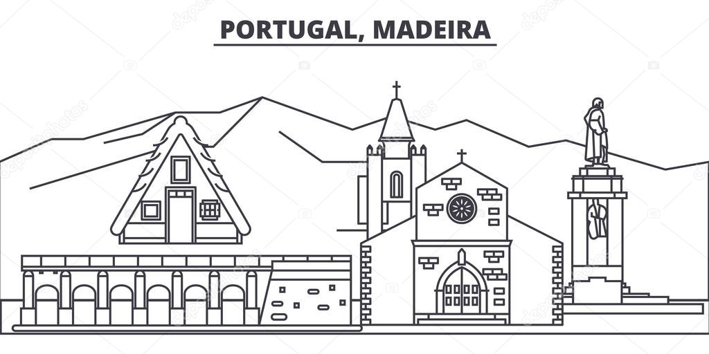 Portugal, Madeira line skyline vector illustration. Portugal, Madeira linear cityscape with famous landmarks, city sights, vector landscape. 