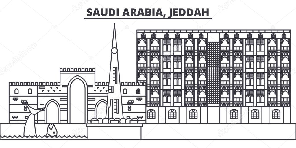 Saudi Arabia, Jeddah line skyline vector illustration. Saudi Arabia, Jeddah linear cityscape with famous landmarks, city sights, vector landscape. 