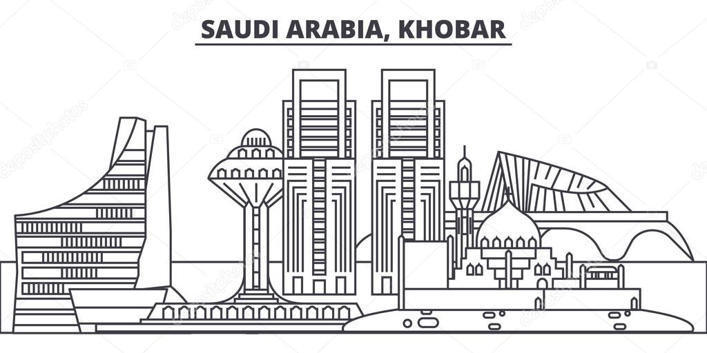 Saudi Arabia, Khobar line skyline vector illustration. Saudi Arabia, Khobar linear cityscape with famous landmarks, city sights, vector landscape. 