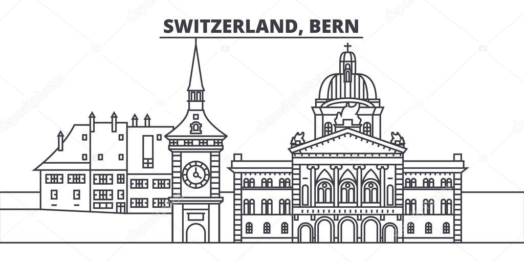 Switzerland, Bern line skyline vector illustration. Switzerland, Bern linear cityscape with famous landmarks, city sights, vector landscape. 
