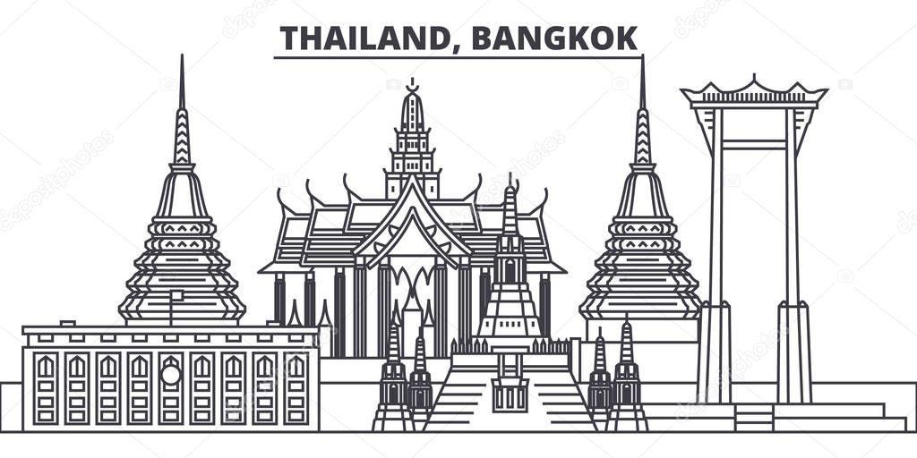 Thailand, Bangkok line skyline vector illustration. Thailand, Bangkok linear cityscape with famous landmarks, city sights, vector landscape. 