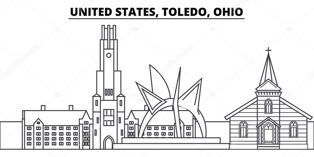United States, Toledo, Ohio line skyline vector illustration. United States, Toledo, Ohio linear cityscape with famous landmarks, city sights, vector landscape. 
