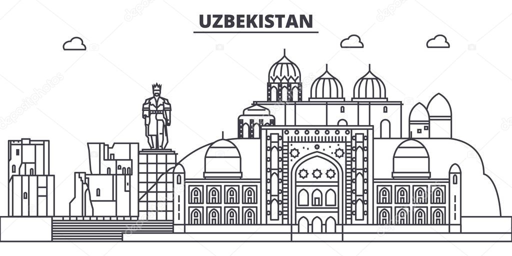 Uzbekistan line skyline vector illustration. Uzbekistan linear cityscape with famous landmarks, city sights, vector landscape. 