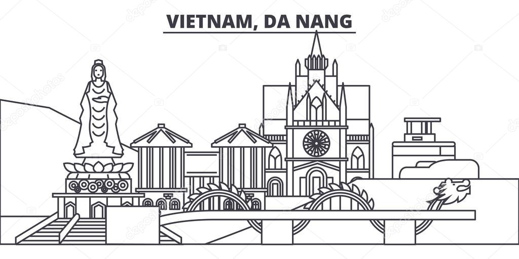 Vietnam, Da Nang line skyline vector illustration. Vietnam, Da Nang linear cityscape with famous landmarks, city sights, vector landscape. 