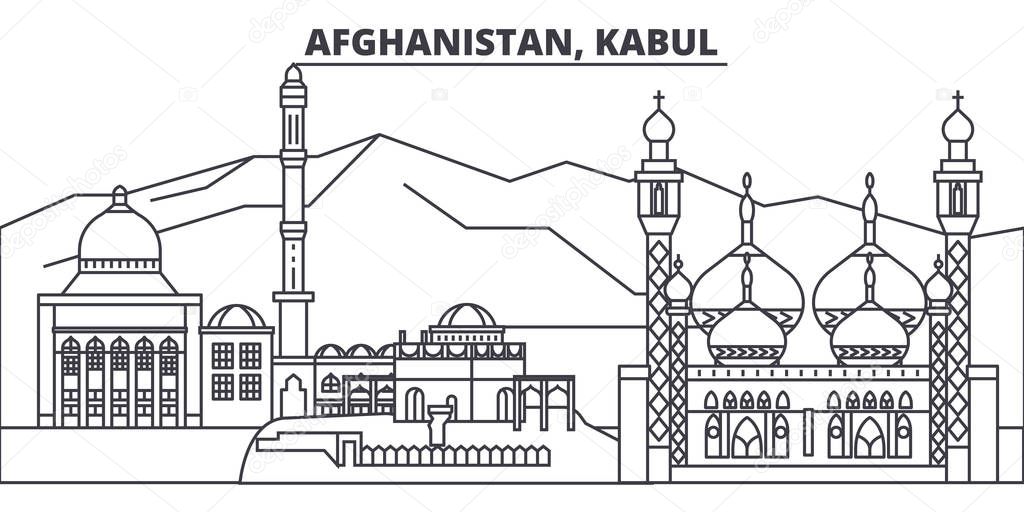 Afghanistan, Kabul line skyline vector illustration. Afghanistan, Kabul linear cityscape with famous landmarks, city sights, vector landscape. 