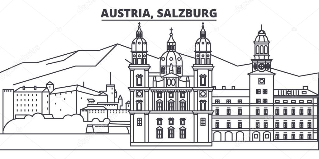 Austria, Salzburg line skyline vector illustration. Austria, Salzburg linear cityscape with famous landmarks, city sights, vector landscape. 