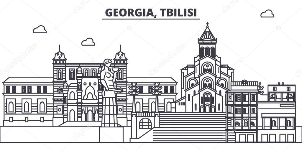 Georgia, Tbilisi line skyline vector illustration. Georgia, Tbilisi linear cityscape with famous landmarks, city sights, vector landscape. 