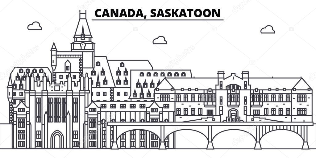 Canada, Saskatoon line skyline vector illustration. Canada, Saskatoon linear cityscape with famous landmarks, city sights, vector landscape. 