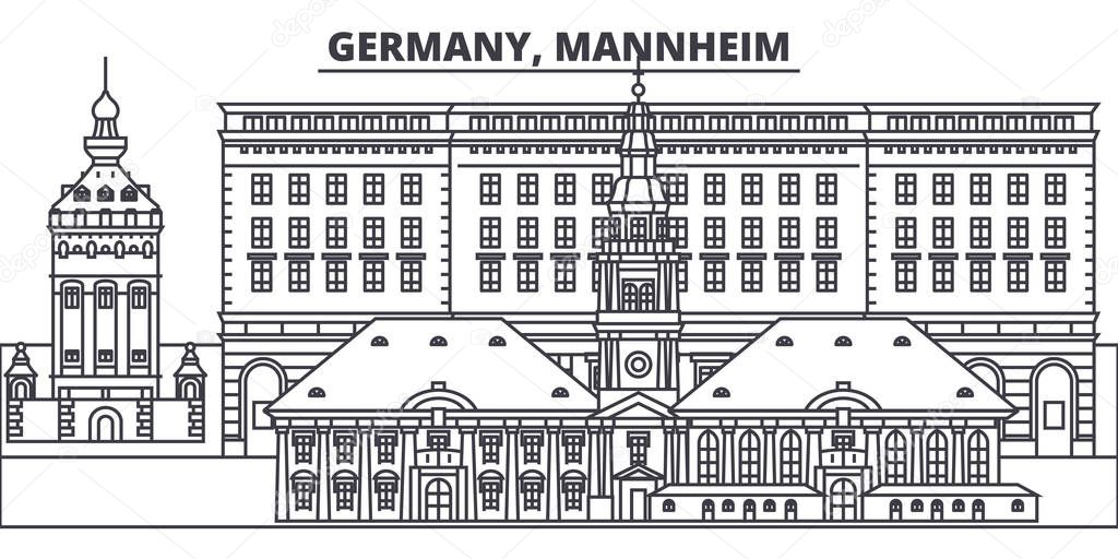 Germany, Mannheim line skyline vector illustration. Germany, Mannheim linear cityscape with famous landmarks, city sights, vector landscape. 