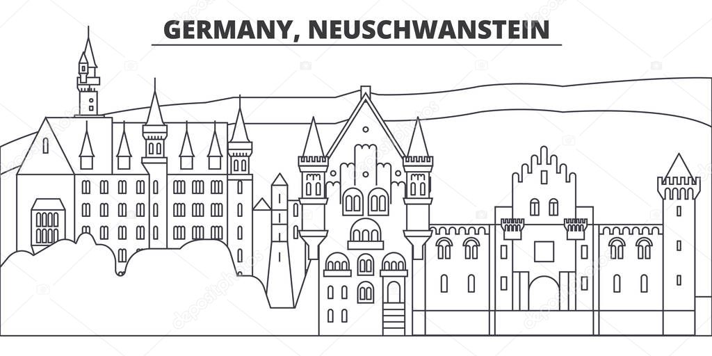 Germany, Neuschwanstein line skyline vector illustration. Germany, Neuschwanstein linear cityscape with famous landmarks, city sights, vector landscape. 
