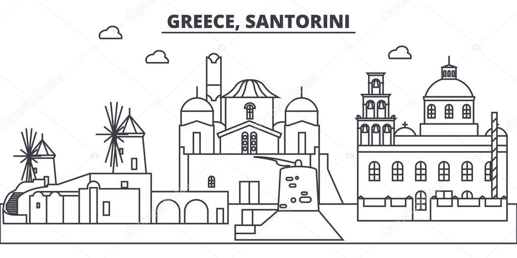 Greece, Santorini line skyline vector illustration. Greece, Santorini linear cityscape with famous landmarks, city sights, vector landscape. 