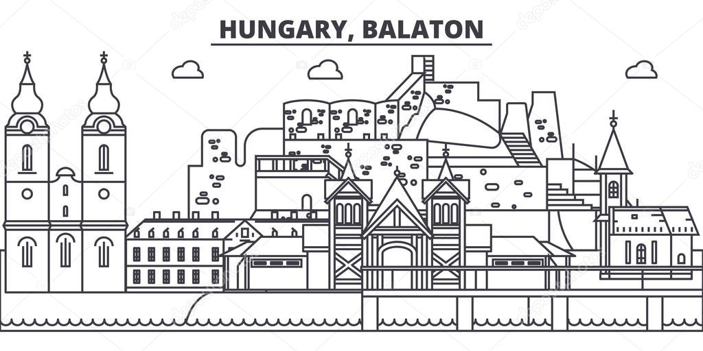 Hungary, Balaton line skyline vector illustration. Hungary, Balaton linear cityscape with famous landmarks, city sights, vector landscape. 