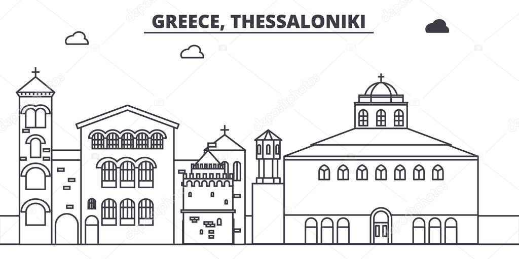 Greece, Thessaloniki line skyline vector illustration. Greece, Thessaloniki linear cityscape with famous landmarks, city sights, vector landscape. 