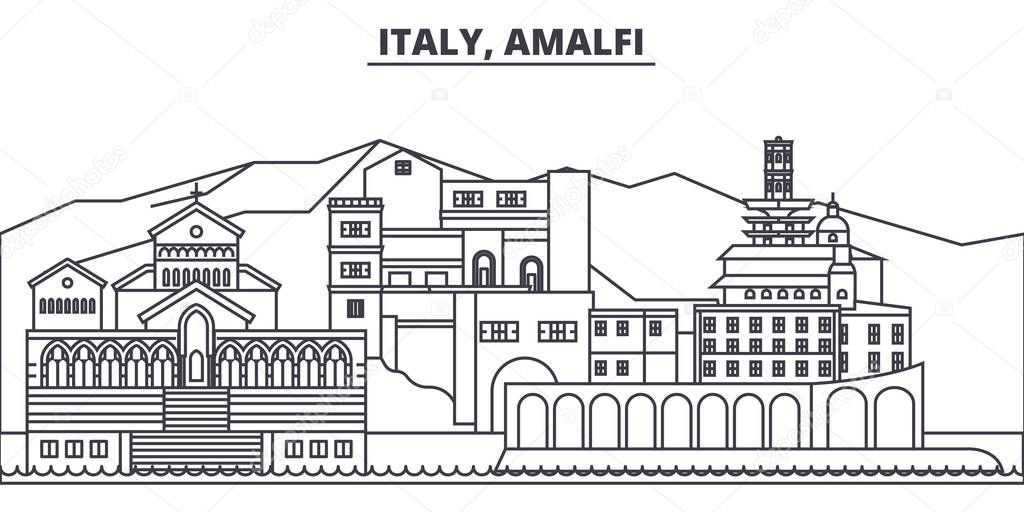 Italy, Amalfi line skyline vector illustration. Italy, Amalfi linear cityscape with famous landmarks, city sights, vector landscape. 