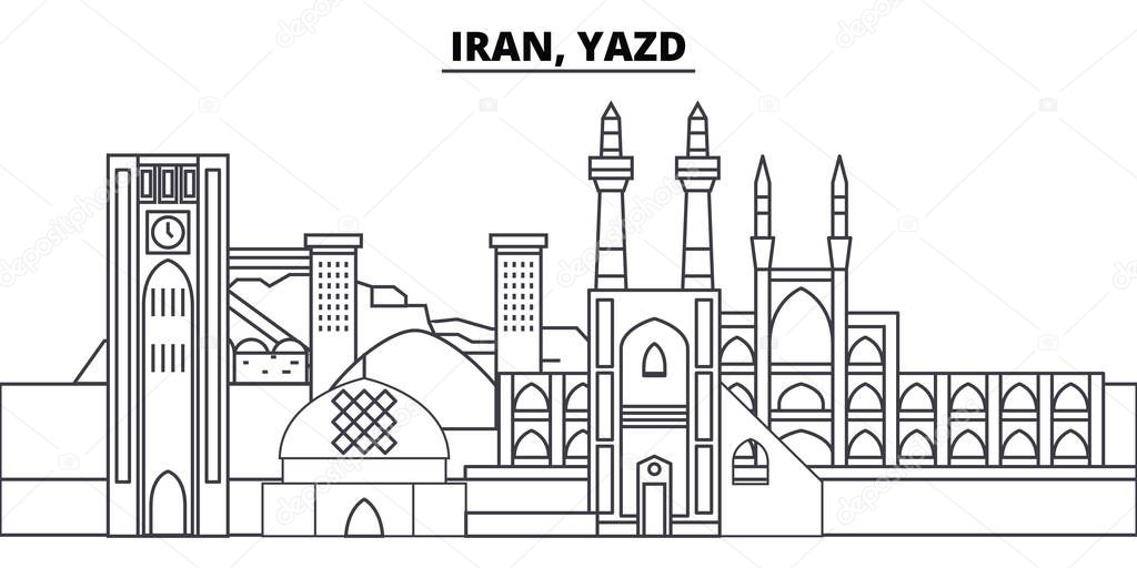 Iran, Yazd line skyline vector illustration. Iran, Yazd linear cityscape with famous landmarks, city sights, vector landscape. 
