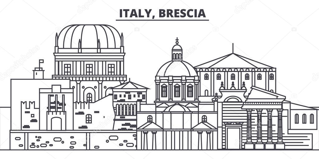 Italy, Brescia line skyline vector illustration. Italy, Brescia linear cityscape with famous landmarks, city sights, vector landscape. 