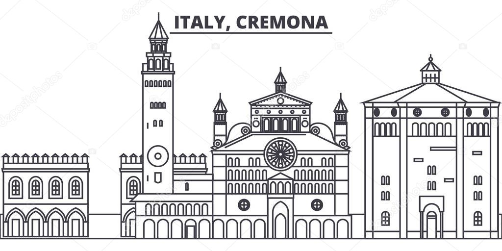 Italy, Cremona line skyline vector illustration. Italy, Cremona linear cityscape with famous landmarks, city sights, vector landscape. 