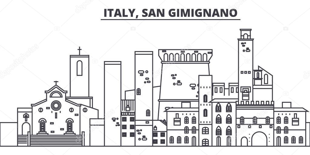 Italy, San Gimignano line skyline vector illustration. Italy, San Gimignano linear cityscape with famous landmarks, city sights, vector landscape. 