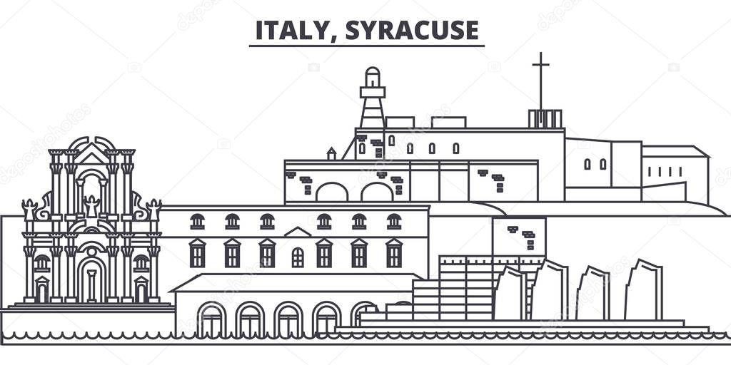 Italy, Syracuse line skyline vector illustration. Italy, Syracuse linear cityscape with famous landmarks, city sights, vector landscape. 