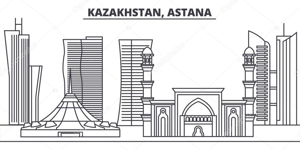 Kazakhstan, Astana line skyline vector illustration. Kazakhstan, Astana linear cityscape with famous landmarks, city sights, vector landscape. 