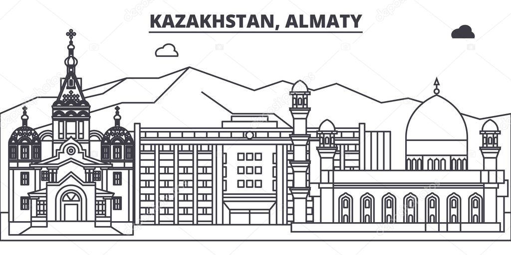 Kazakhstan, Almaty line skyline vector illustration. Kazakhstan, Almaty linear cityscape with famous landmarks, city sights, vector landscape. 