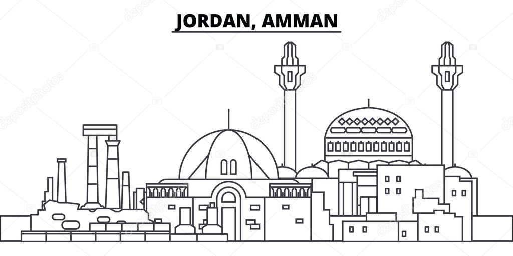 Jordan, Amman line skyline vector illustration. Jordan, Amman linear cityscape with famous landmarks, city sights, vector landscape. 