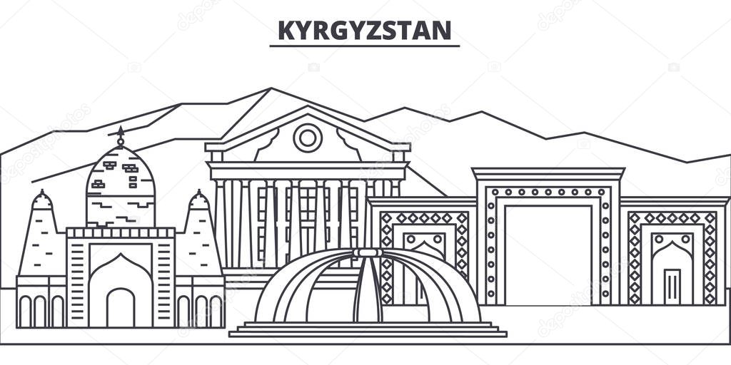 Kyrgyzstan line skyline vector illustration. Kyrgyzstan linear cityscape with famous landmarks, city sights, vector landscape. 