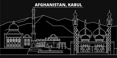 Kabil siluet manzarası. Afganistan - Kabil vektör şehir, Afgan doğrusal mimarisi, binalar. Kabil seyahat illüstrasyon, anahat yerler. Afganistan düz simgesi, Afgan hat afiş