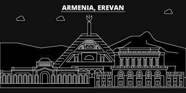 Erevan siluet manzarası. Ermenistan - Erevan vektör şehir, Ermeni doğrusal mimarisi, binalar. Erevan seyahat illüstrasyon, anahat yerler. Ermenistan düz simgesi, Ermeni hat afiş