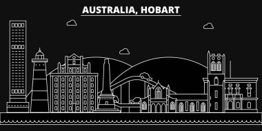 Hobart siluet manzarası. Avustralya - Hobart vektör şehir, Avustralya doğrusal mimarisi, binalar. Hobart seyahat illüstrasyon, anahat yerler. Avustralya düz simgesi, Avustralya hat afiş