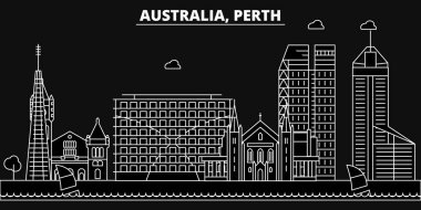 Perth siluet manzarası. Avustralya - Perth vektör şehir, Avustralya doğrusal mimarisi, binalar. Perth seyahat illüstrasyon, anahat yerler. Avustralya düz simgesi, Avustralya hat afiş