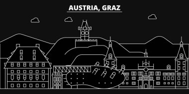 Graz siluet manzarası. Avusturya - Graz vektör şehir, Avusturyalı doğrusal mimarisi, binalar. Graz seyahat illüstrasyon, anahat yerler. Avusturya düz simgesi, Avusturyalı hat afiş