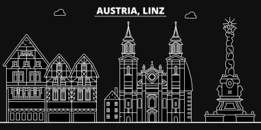 Linz siluet manzarası. Avusturya - Linz vektör şehir, Avusturyalı doğrusal mimarisi, binalar. Linz seyahat illüstrasyon, anahat yerler. Avusturya düz simgeler, Avusturyalı hat afiş
