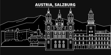 Salzburg siluet manzarası. Avusturya - Salzburg vektör şehir, Avusturyalı doğrusal mimarisi, binalar. Salzburg seyahat illüstrasyon, anahat yerler. Avusturya düz simgeler, Avusturyalı hat afiş