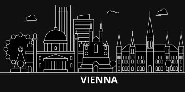 Viyana siluet manzarası. Avusturya - Viyana vektör şehir, Avusturyalı doğrusal mimarisi, binalar. Viyana seyahat illüstrasyon, anahat yerler. Avusturya düz simgeler, Avusturyalı hat afiş