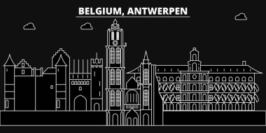 Antwerpen siluet manzarası. Belçika - Antwerpen vektör şehir, Belçikalı doğrusal mimarisi, binalar. Antwerpen satır seyahat illüstrasyon, yerler. Belçika düz simgeler, Belçikalı anahat tasarım afiş
