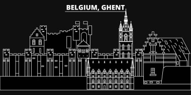 Ghent siluet manzarası. Belçika - Ghent vektör şehir, Belçikalı doğrusal mimarisi, binalar. Ghent seyahat illüstrasyon, anahat yerler. Belçika düz simgeler, Belçikalı hat afiş