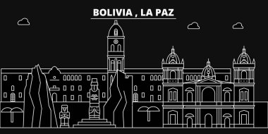 La Paz siluet manzarası. Bolivya - La Paz vektör şehir, Bolivya doğrusal mimarisi, binalar. La Paz seyahat illüstrasyon, anahat yerler. Bolivya düz simgeler, Bolivya hat afiş