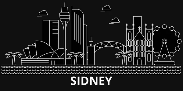 Силуэт Сидни. Австралия - Векторный город Сидней, австралийская линейная архитектура, здания. Иллюстрация к путешествиям Сидни, наброски достопримечательностей. Австралийский плоский значок, австралийский баннер — стоковый вектор
