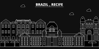 Recife siluet manzarası. Brezilya - Recife vektör şehir, Brezilyalı doğrusal mimarisi, binalar. Recife seyahat illüstrasyon, anahat yerler. Brezilya düz simgeler, Brezilyalı hat afiş