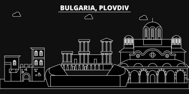 Plovdiv siluet manzarası. Bulgaristan - Plovdiv vektör şehir, Bulgar doğrusal mimarisi, binalar. Plovdiv seyahat illüstrasyon, anahat yerler. Bulgaristan düz simgeler, Bulgar hat afiş