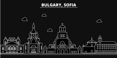 Sofia siluet manzarası. Bulgaristan - Sofya vektör şehir, Bulgar doğrusal mimarisi, binalar. Sofia seyahat illüstrasyon, anahat yerler. Bulgaristan düz simgeler, Bulgar hat afiş
